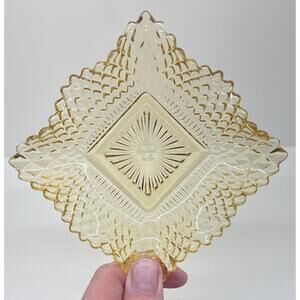 VTG Indiana Glass Imperial Diamond Point Ruffled Edge 4"x4" Amber Yellow Bowl